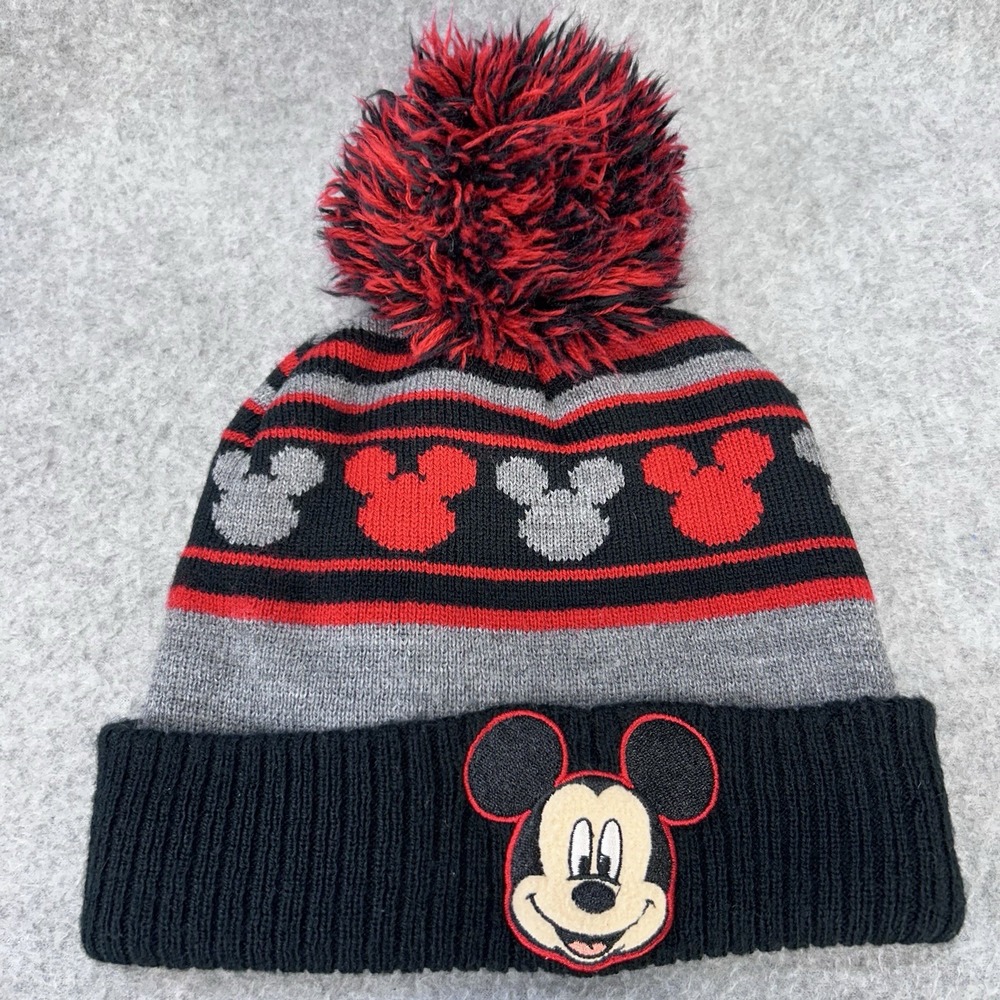 Disney Mickey Mouse Pom Beanie Kids 2T-5T Knit Winter Hat Red Black Gray